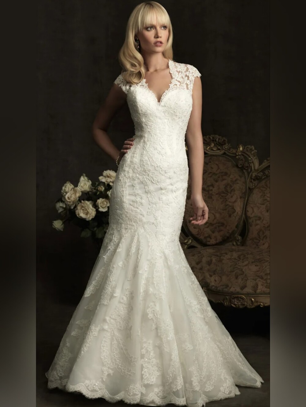 Allure Bridals White Lace Mermaid Gown with Cap Sleeves Previously Loved